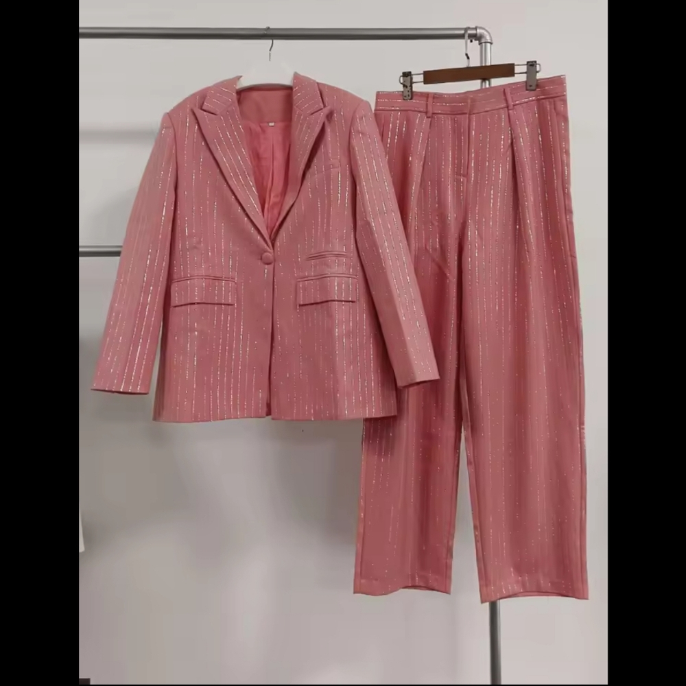 Striped Elegant Two Piece Set For Women Notched Collar Blazer High Waist Wide - Picture 3 of 8